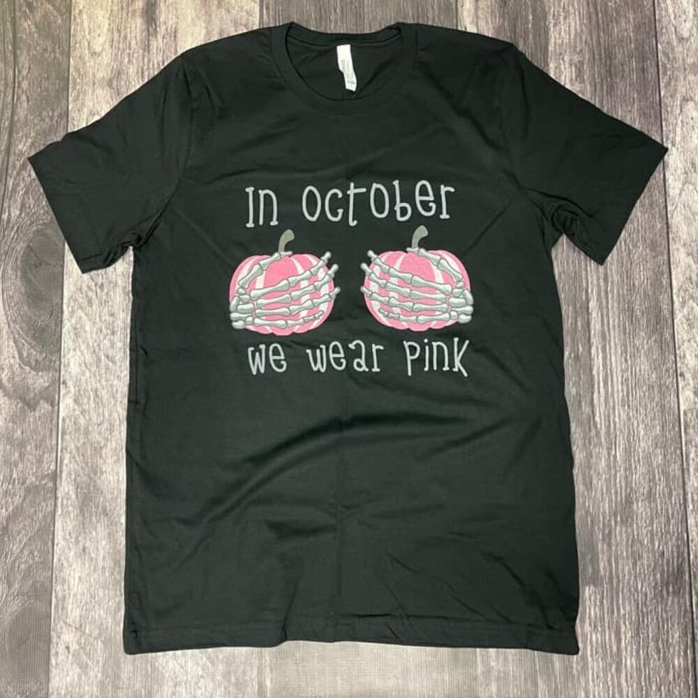 Breast Cancer Awareness Tee Large In October We Wear Pink Skellie Hands Pumpkins
